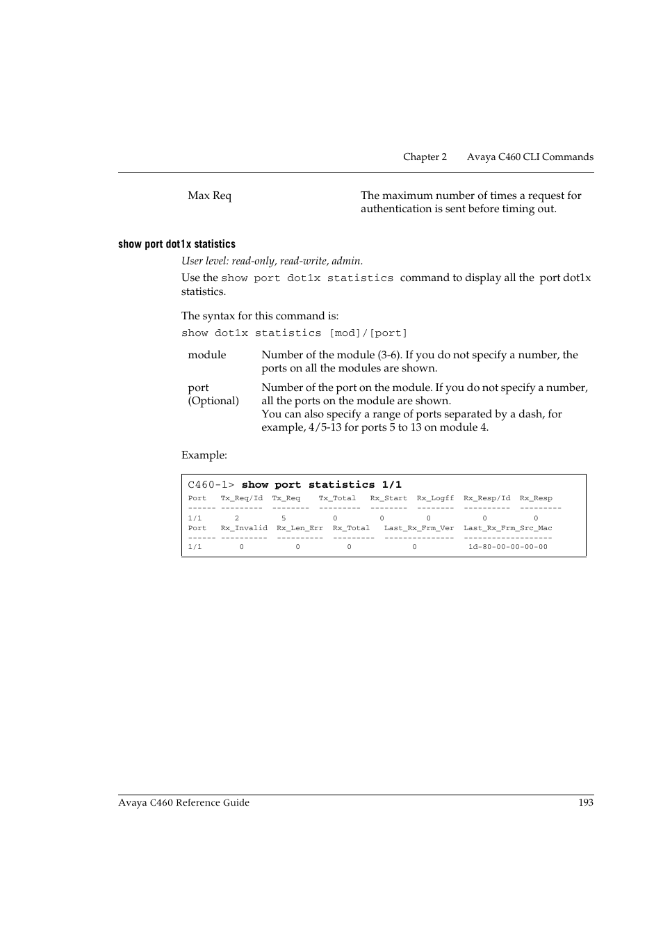 Show port dot1x statistics | Avaya C460 User Manual | Page 205 / 268