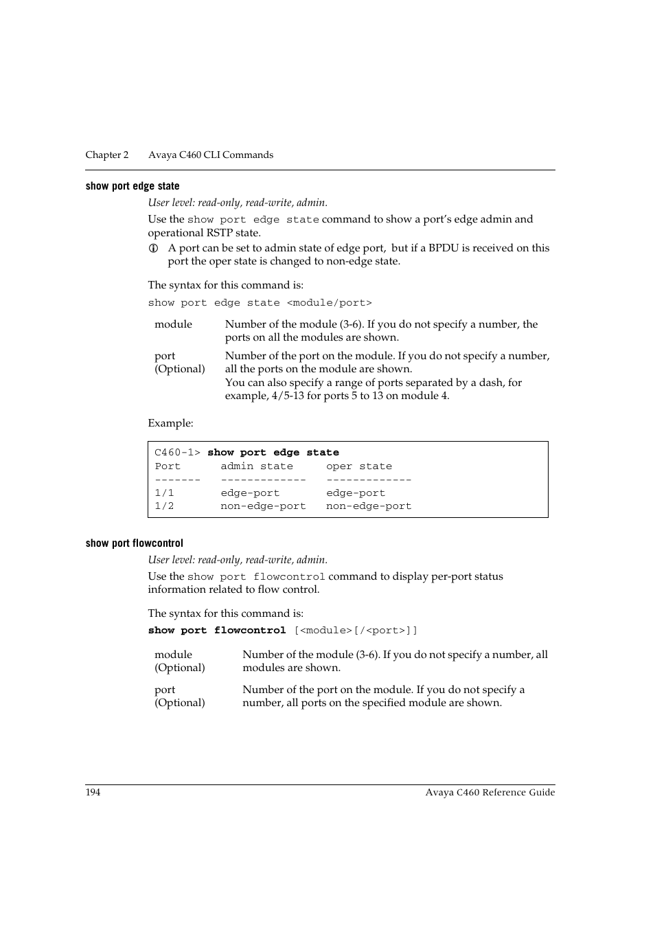 Show port edge state, Show port flowcontrol, Show port edge state show port flowcontrol | Avaya C460 User Manual | Page 206 / 268
