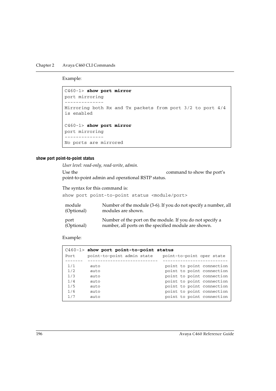 Show port point-to-point status | Avaya C460 User Manual | Page 208 / 268