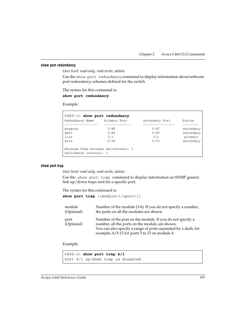 Show port redundancy, Show port trap, Show port redundancy show port trap | Avaya C460 User Manual | Page 209 / 268