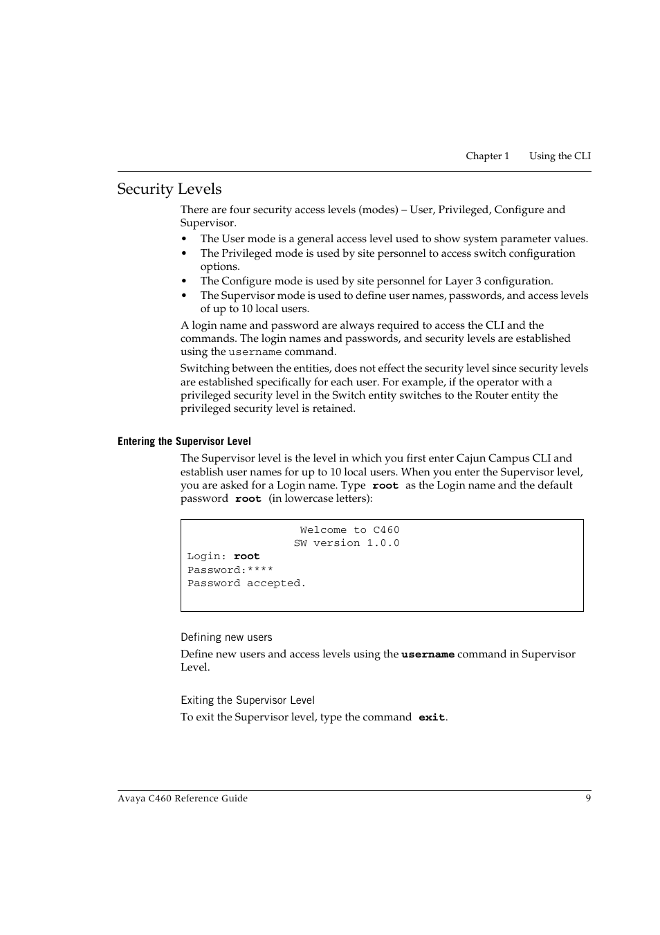 Security levels, Entering the supervisor level, Defining new users | Exiting the supervisor level | Avaya C460 User Manual | Page 21 / 268