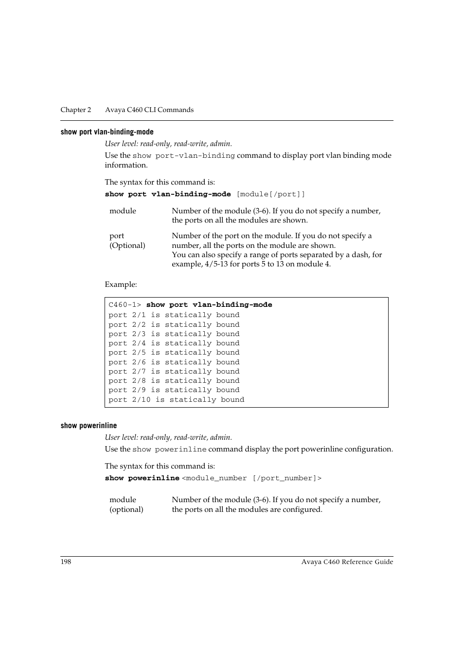 Show port vlan-binding-mode, Show powerinline, Show port vlan-binding-mode show powerinline | Avaya C460 User Manual | Page 210 / 268