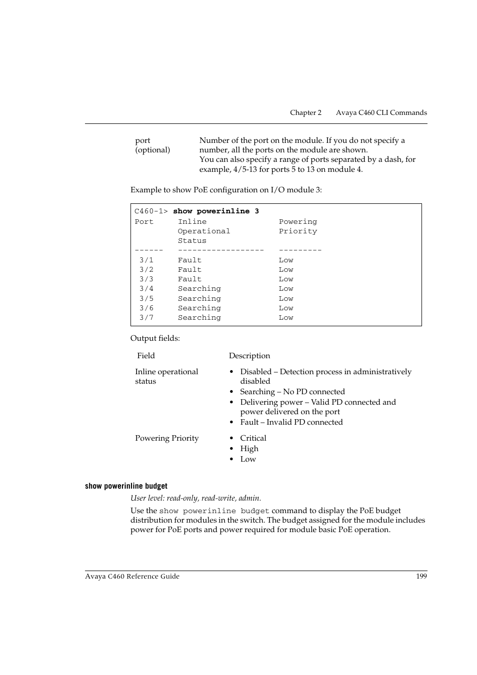 Show powerinline budget | Avaya C460 User Manual | Page 211 / 268