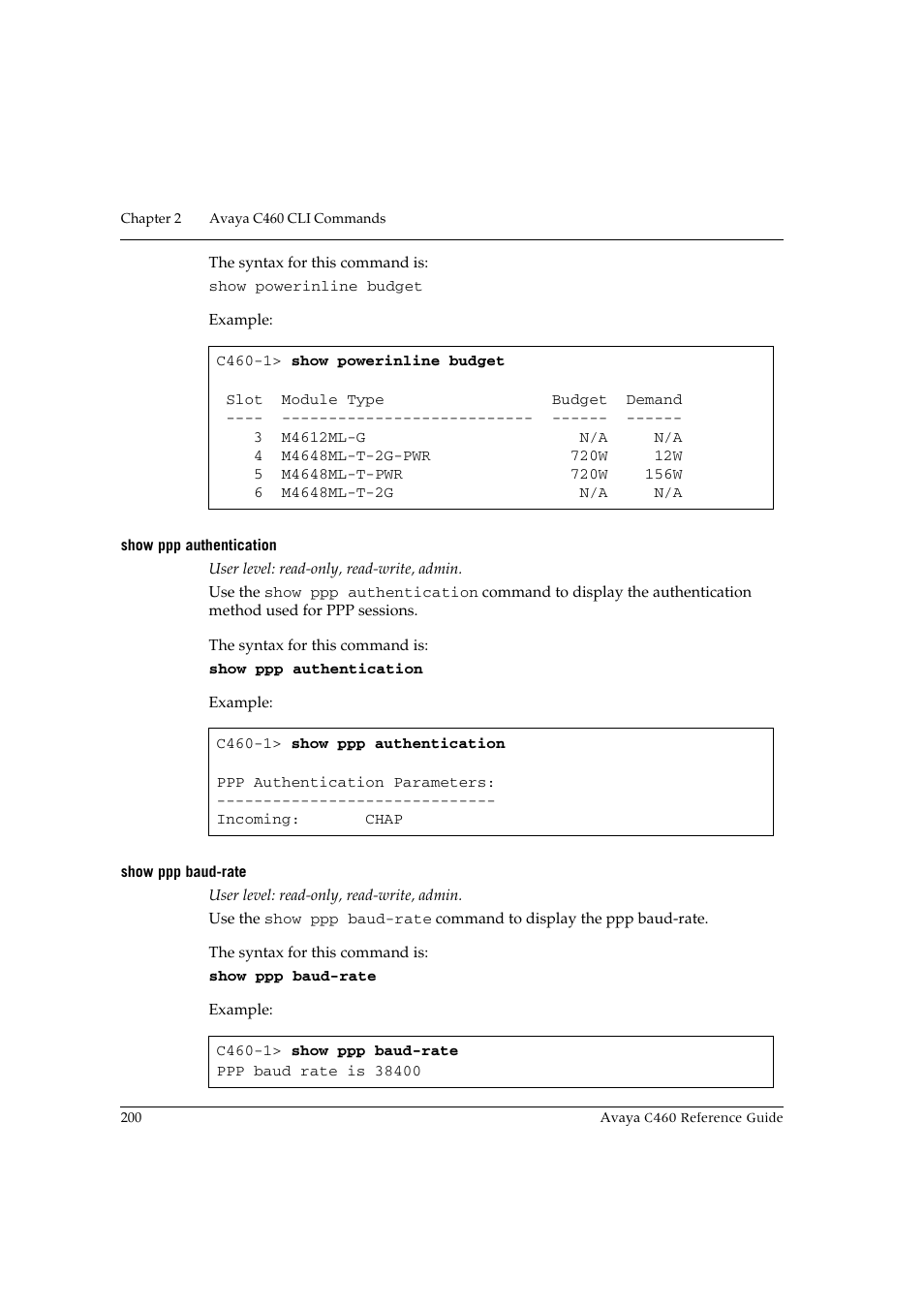 Show ppp authentication, Show ppp baud-rate, Show ppp authentication show ppp baud-rate | Avaya C460 User Manual | Page 212 / 268