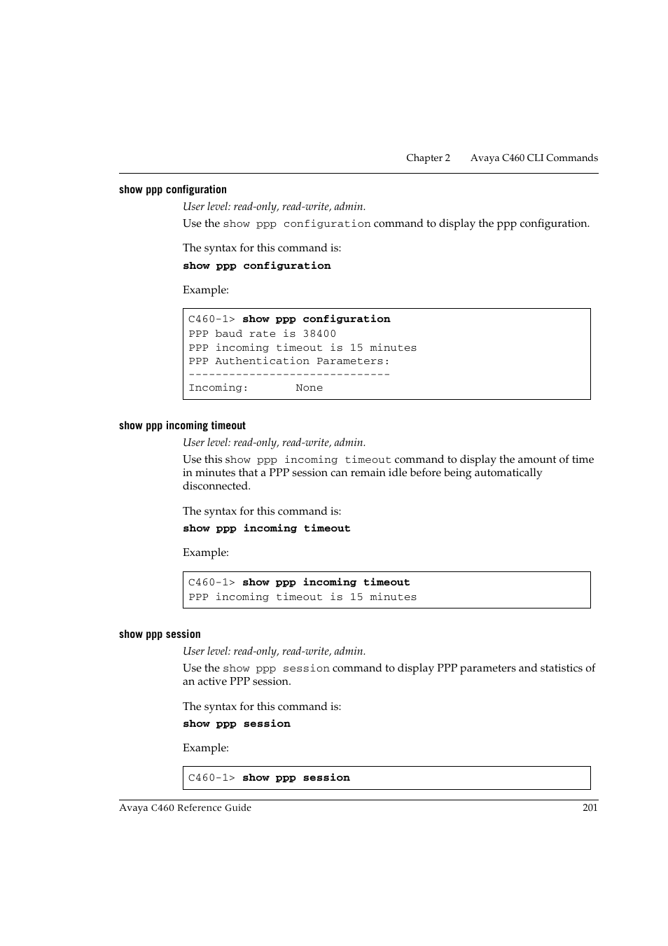 Show ppp configuration, Show ppp incoming timeout, Show ppp session | Avaya C460 User Manual | Page 213 / 268