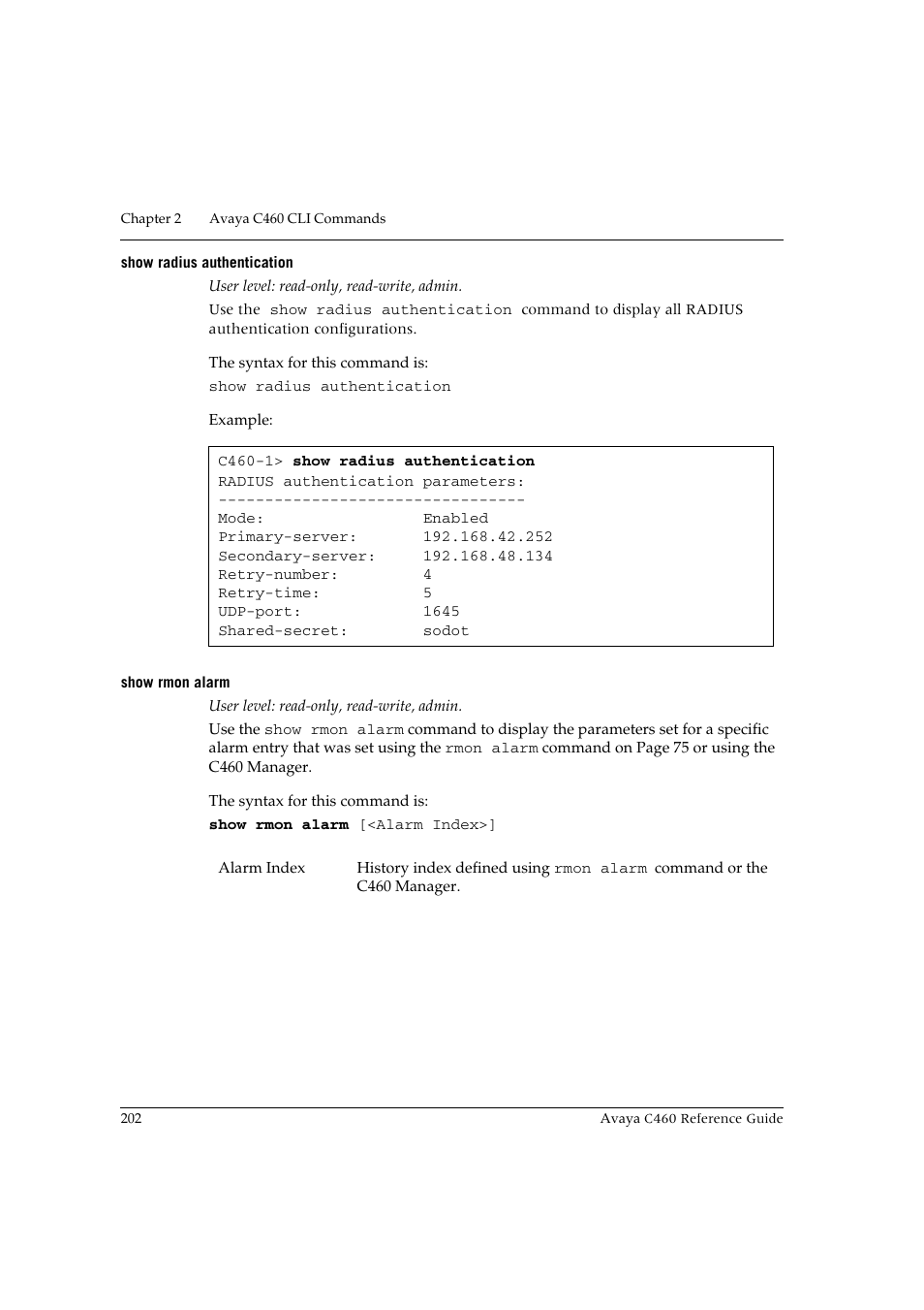 Show radius authentication, Show rmon alarm, Show radius authentication show rmon alarm | Avaya C460 User Manual | Page 214 / 268