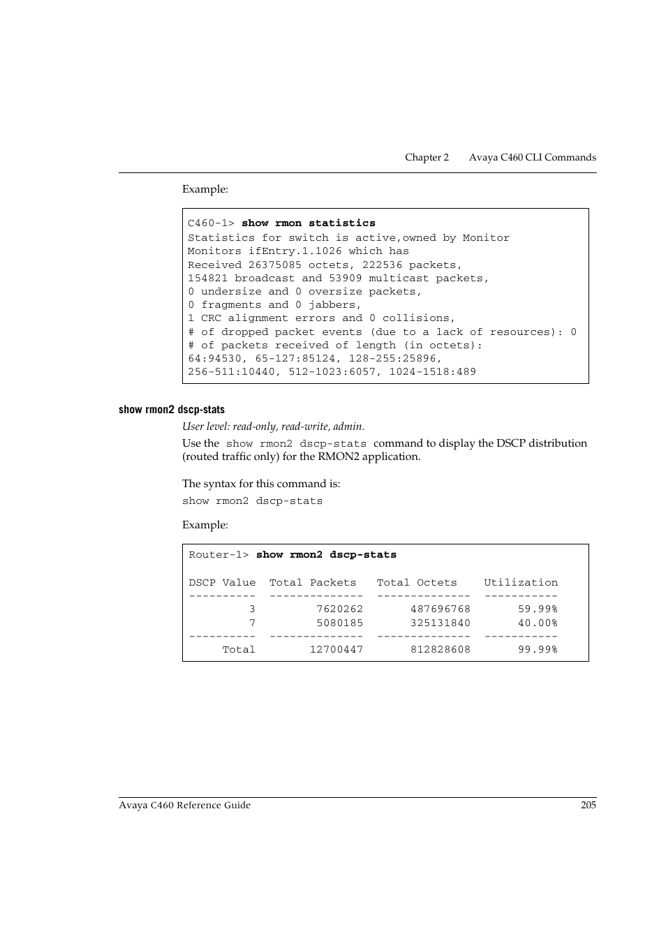 Show rmon2 dscp-stats | Avaya C460 User Manual | Page 217 / 268