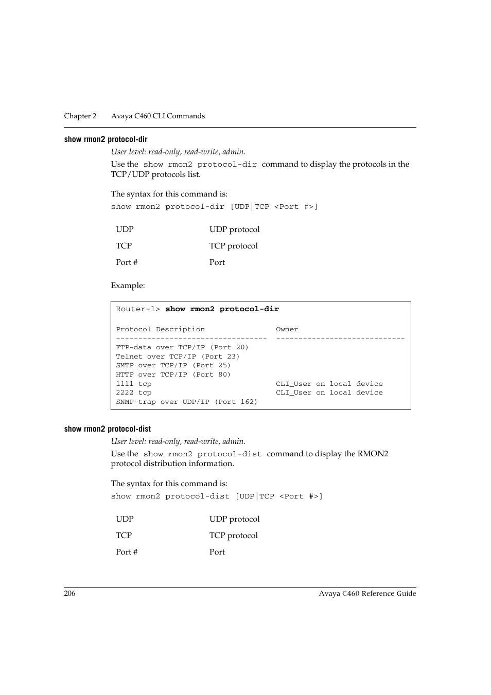 Show rmon2 protocol-dir, Show rmon2 protocol-dist, Show rmon2 protocol-dir show rmon2 protocol-dist | Avaya C460 User Manual | Page 218 / 268