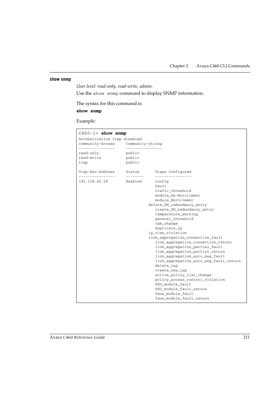 Show snmp | Avaya C460 User Manual | Page 223 / 268