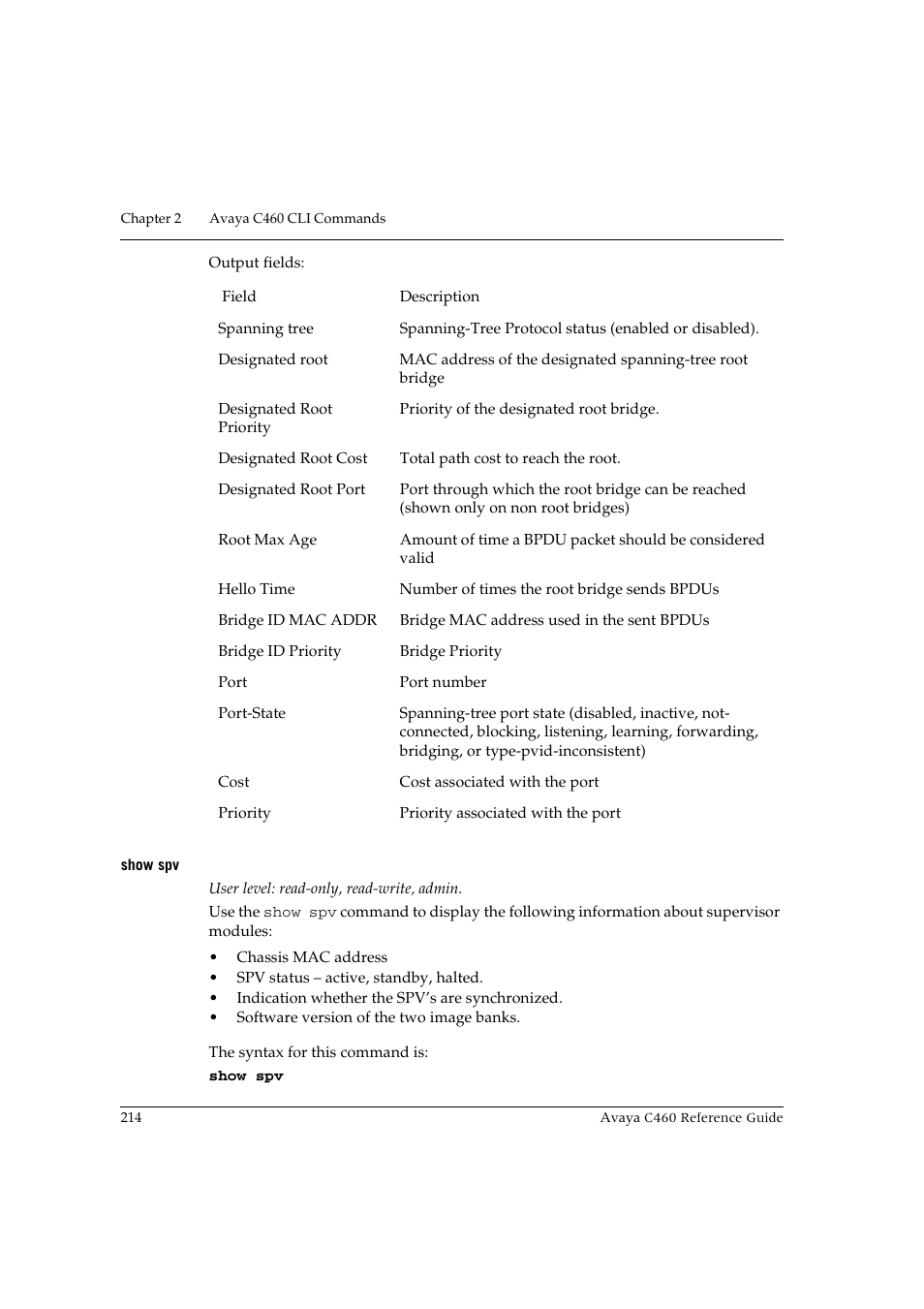 Show spv | Avaya C460 User Manual | Page 226 / 268