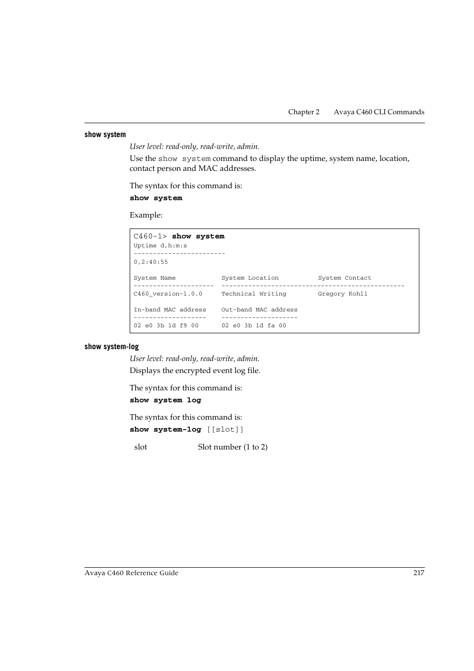 Show system, Show system-log, Show system show system-log | Avaya C460 User Manual | Page 229 / 268