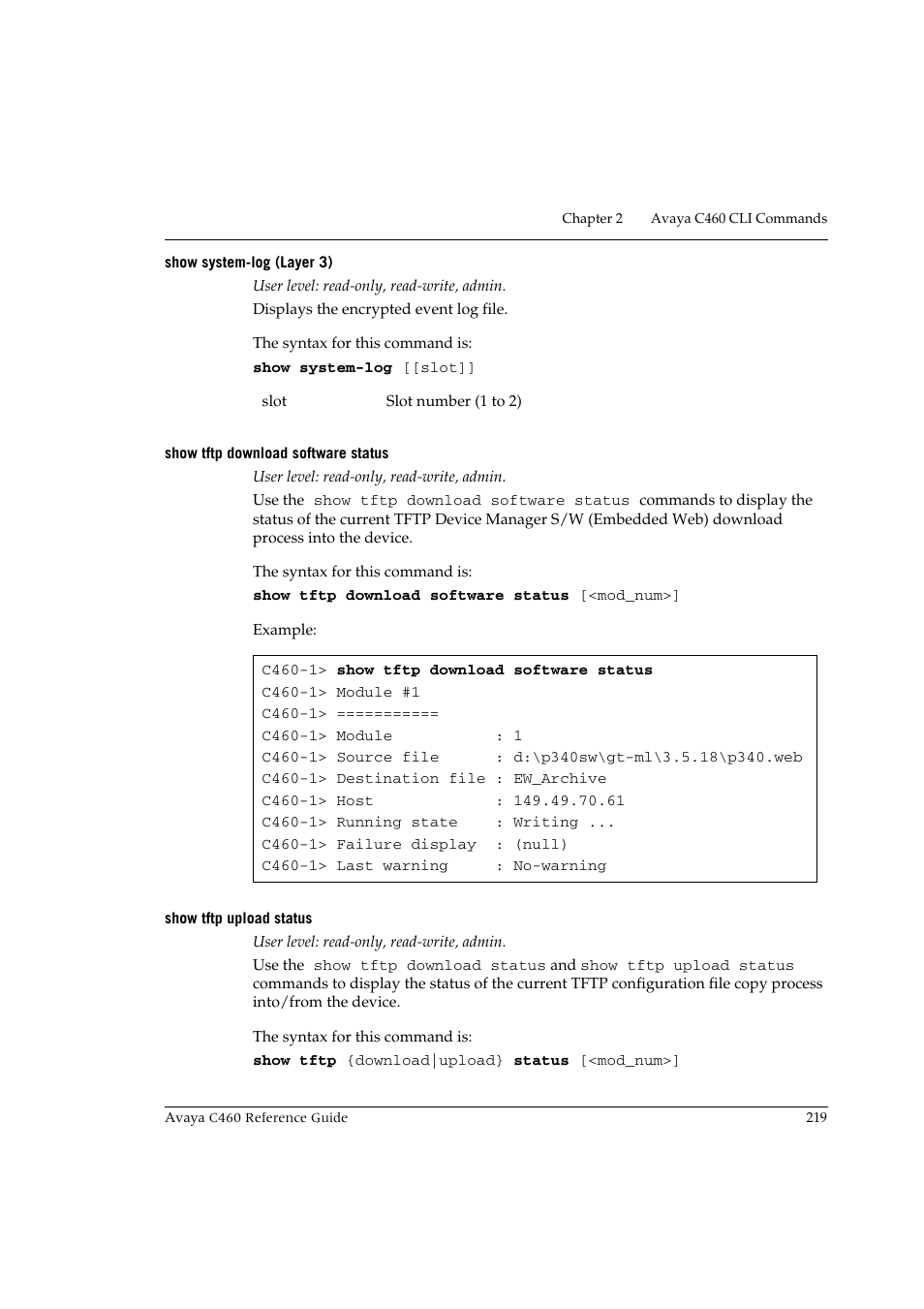 Show system-log (layer 3), Show tftp download software status, Show tftp upload status | Avaya C460 User Manual | Page 231 / 268