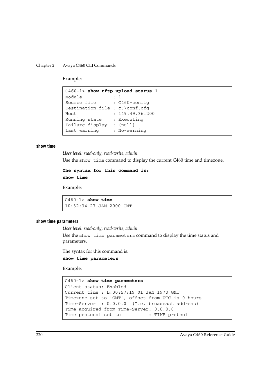 Show time, Show time parameters, Show time show time parameters | Avaya C460 User Manual | Page 232 / 268