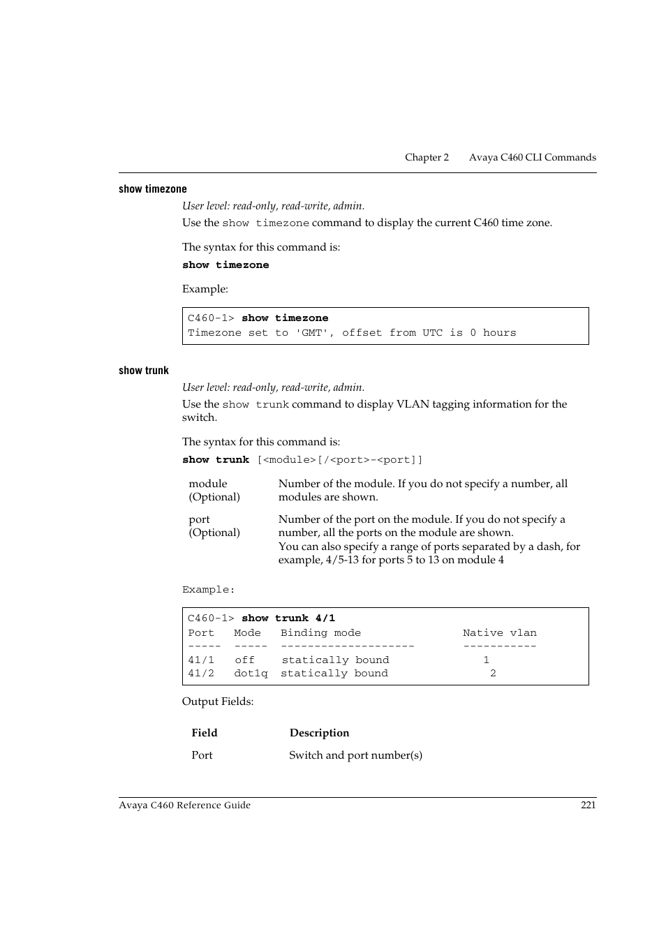 Show timezone, Show trunk, Show timezone show trunk | Avaya C460 User Manual | Page 233 / 268