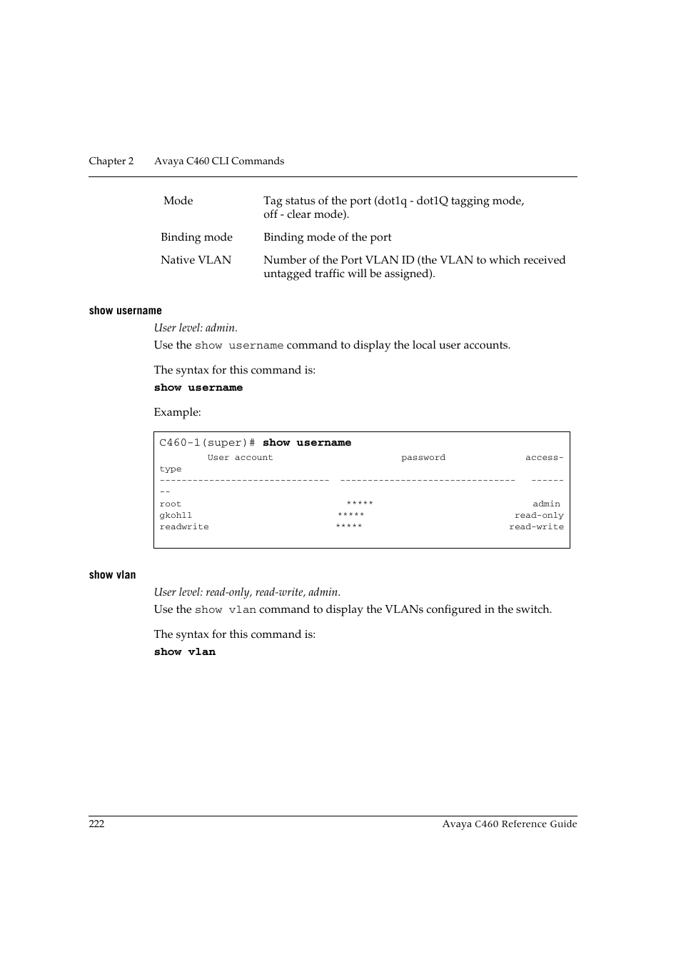 Show username, Show vlan, Show username show vlan | Avaya C460 User Manual | Page 234 / 268