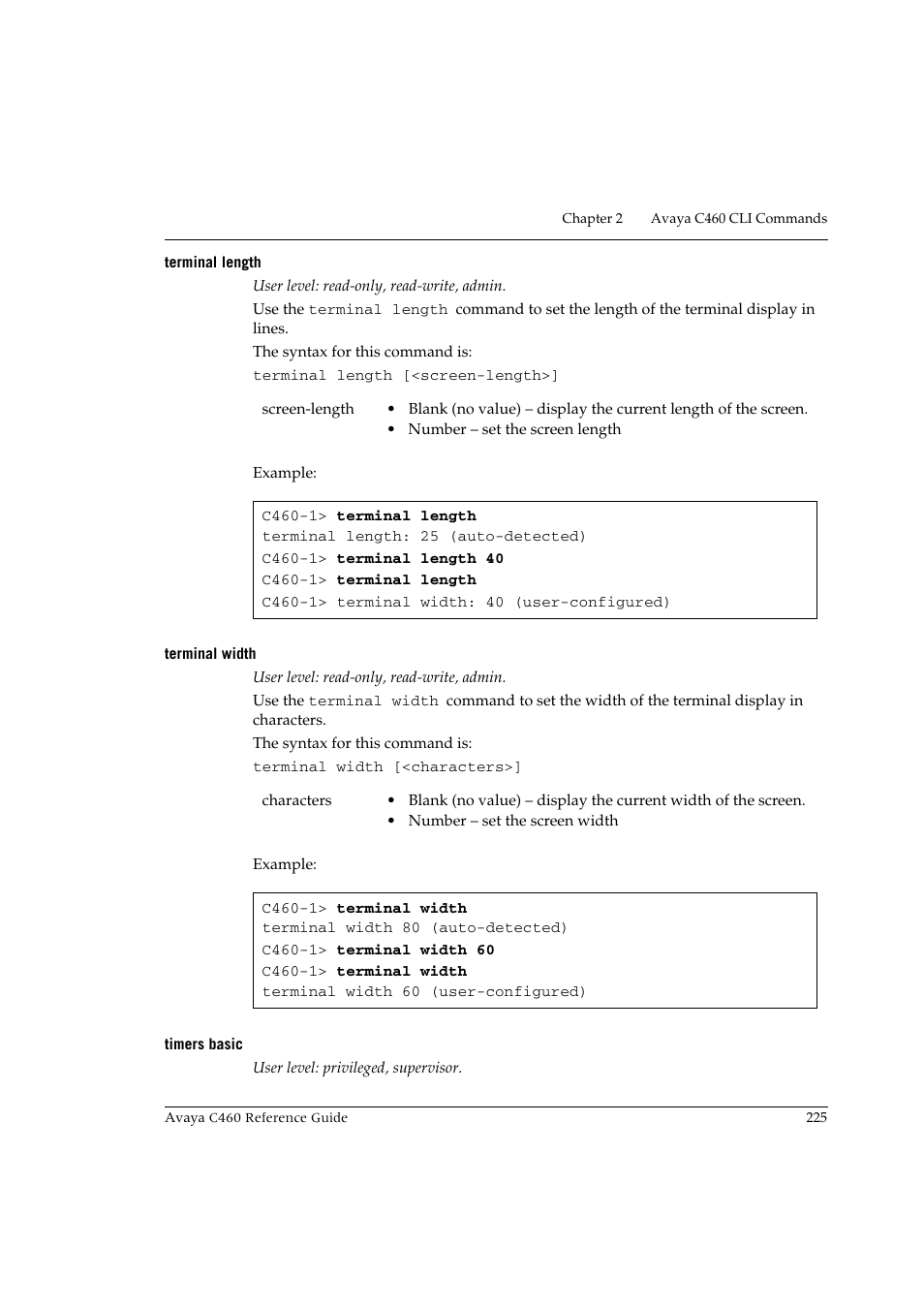 Terminal length, Terminal width, Timers basic | Terminal length terminal width timers basic | Avaya C460 User Manual | Page 237 / 268