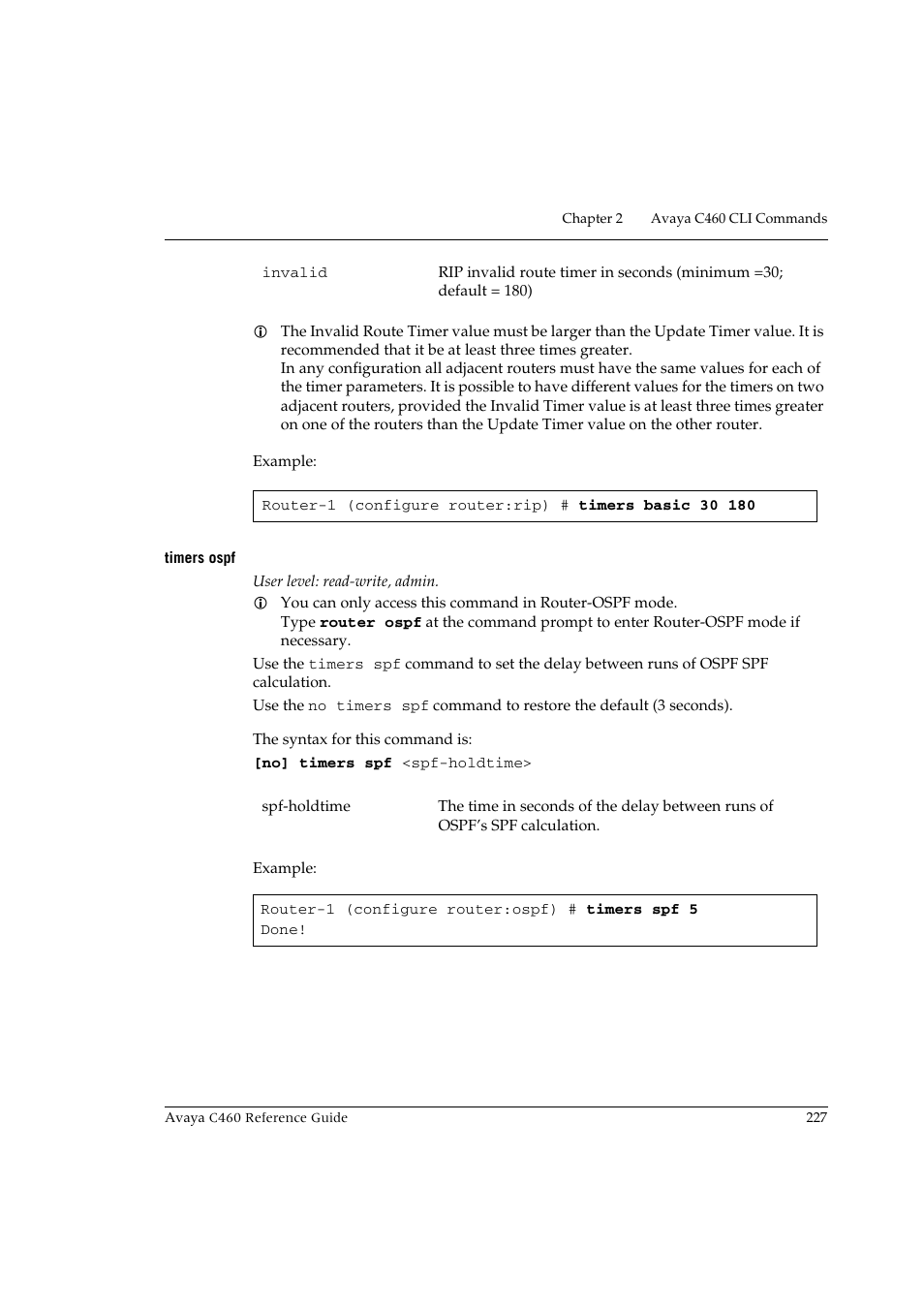 Timers ospf | Avaya C460 User Manual | Page 239 / 268
