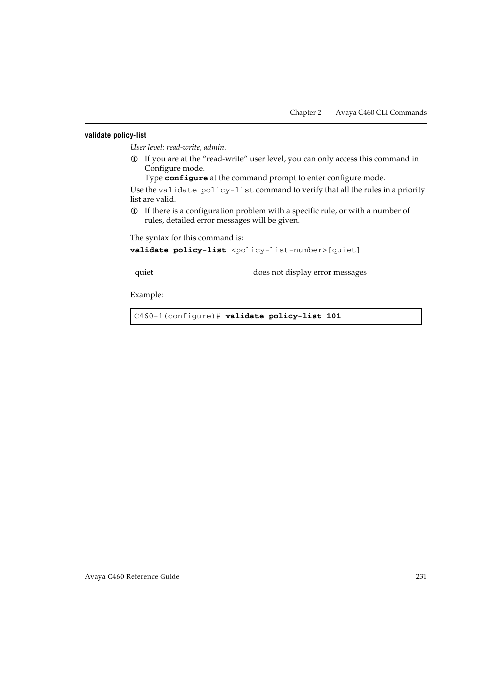 Validate policy-list | Avaya C460 User Manual | Page 243 / 268