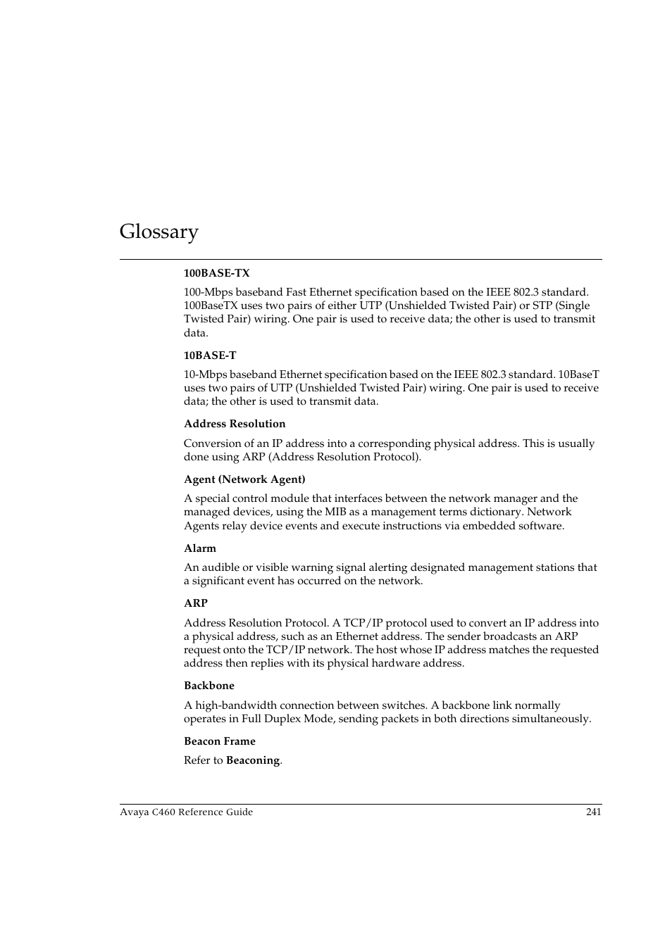 Glossary | Avaya C460 User Manual | Page 253 / 268