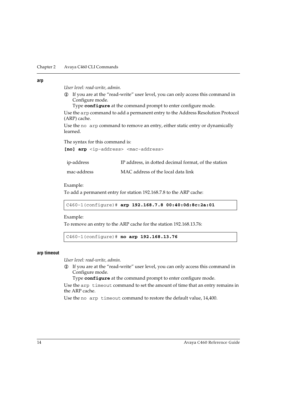 Arp timeout, Arp arp timeout | Avaya C460 User Manual | Page 26 / 268