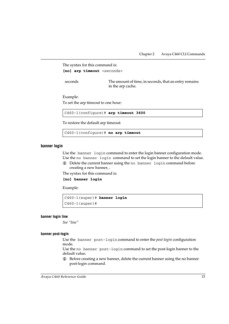 Banner login, Banner login line, Banner post-login | Banner login banner login line banner post-login | Avaya C460 User Manual | Page 27 / 268