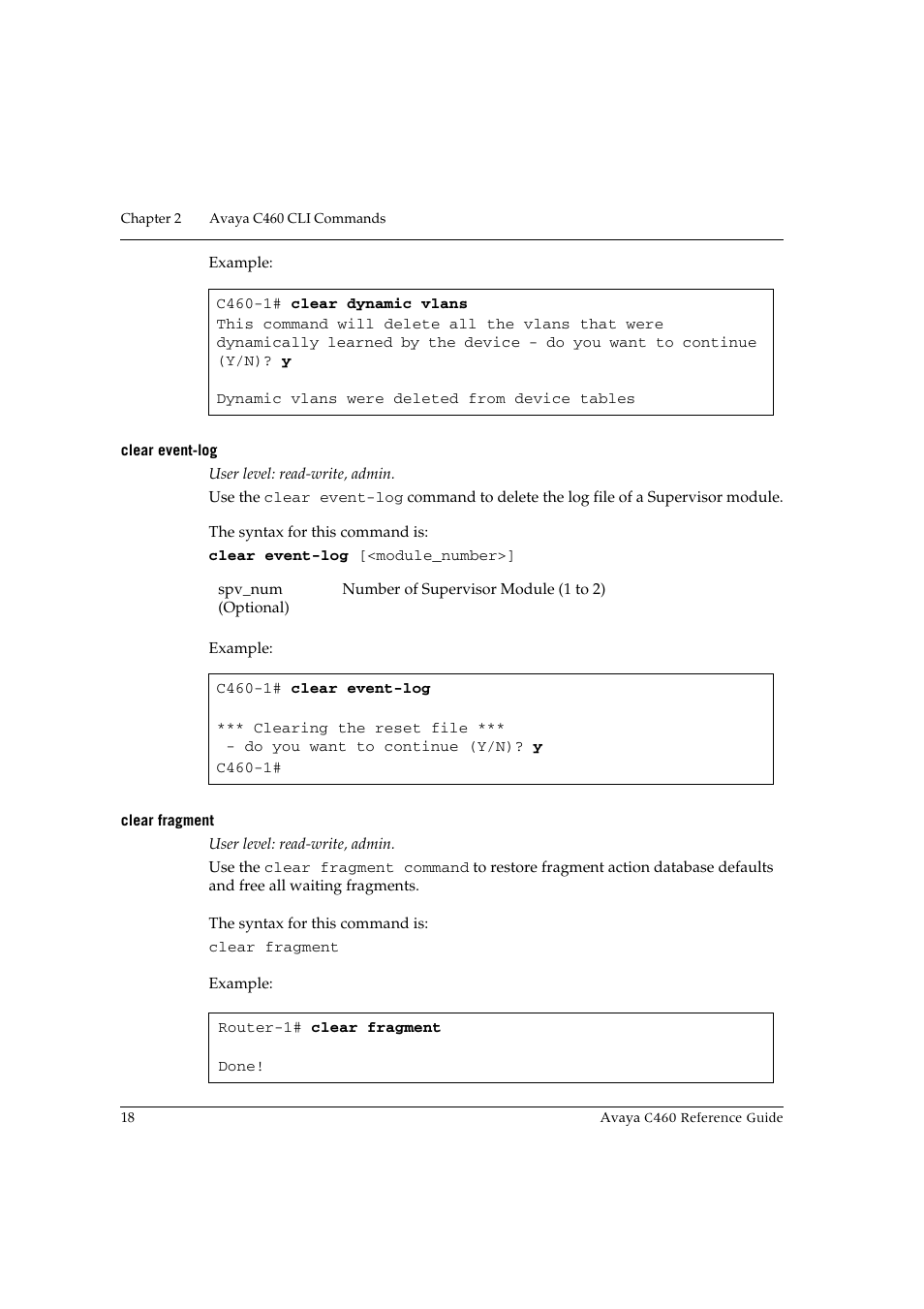 Clear event-log, Clear fragment | Avaya C460 User Manual | Page 30 / 268