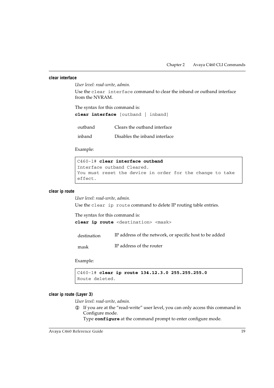 Clear interface, Clear ip route, Clear ip route (layer 3) | Avaya C460 User Manual | Page 31 / 268