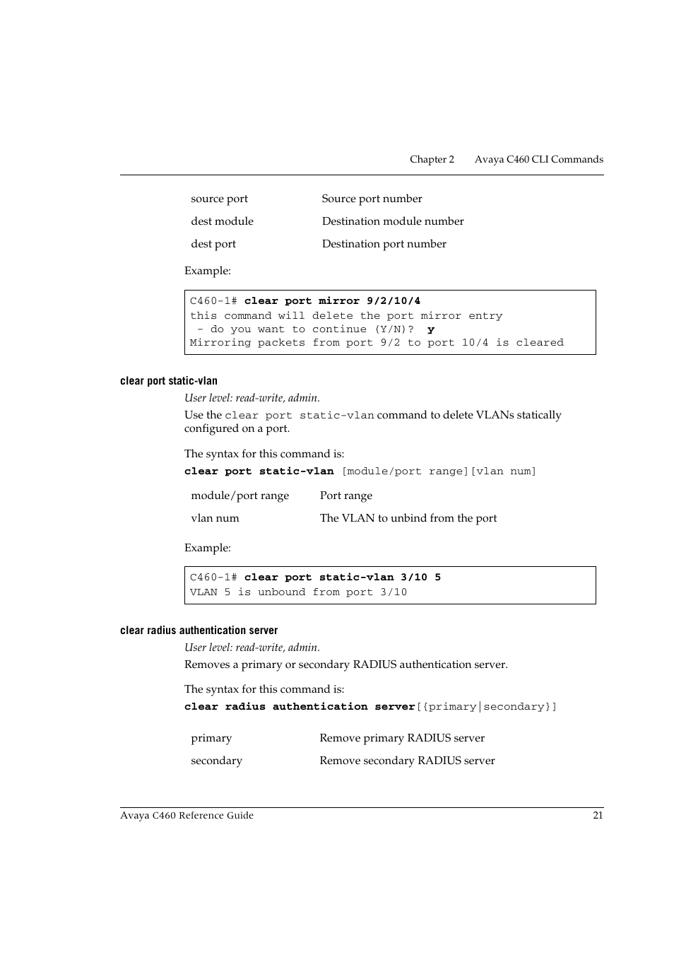 Clear port static-vlan, Clear radius authentication server | Avaya C460 User Manual | Page 33 / 268