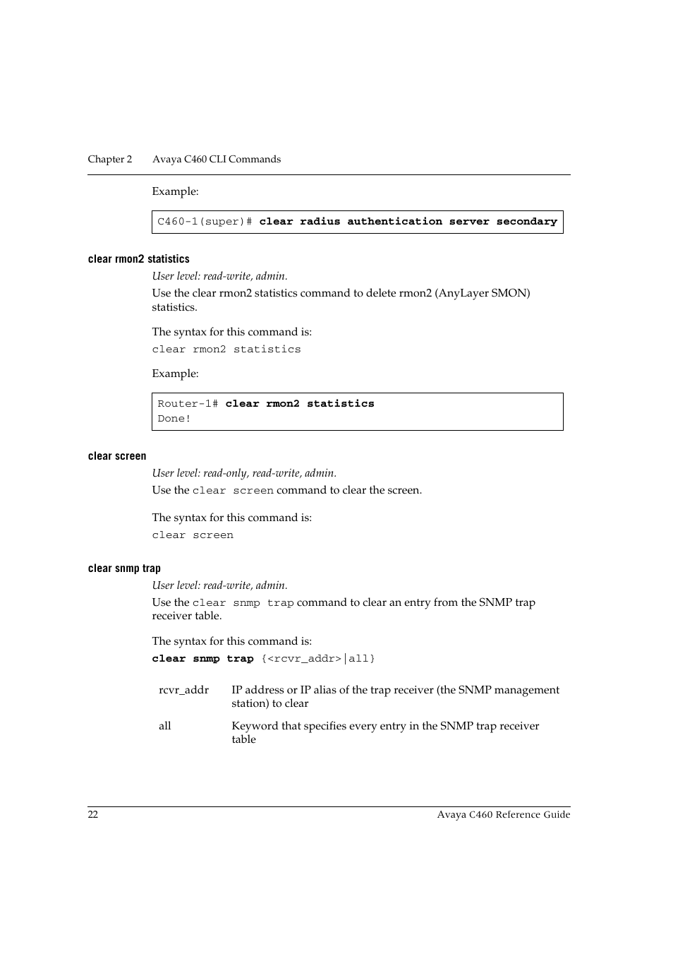 Clear rmon2 statistics, Clear screen, Clear snmp trap | Avaya C460 User Manual | Page 34 / 268
