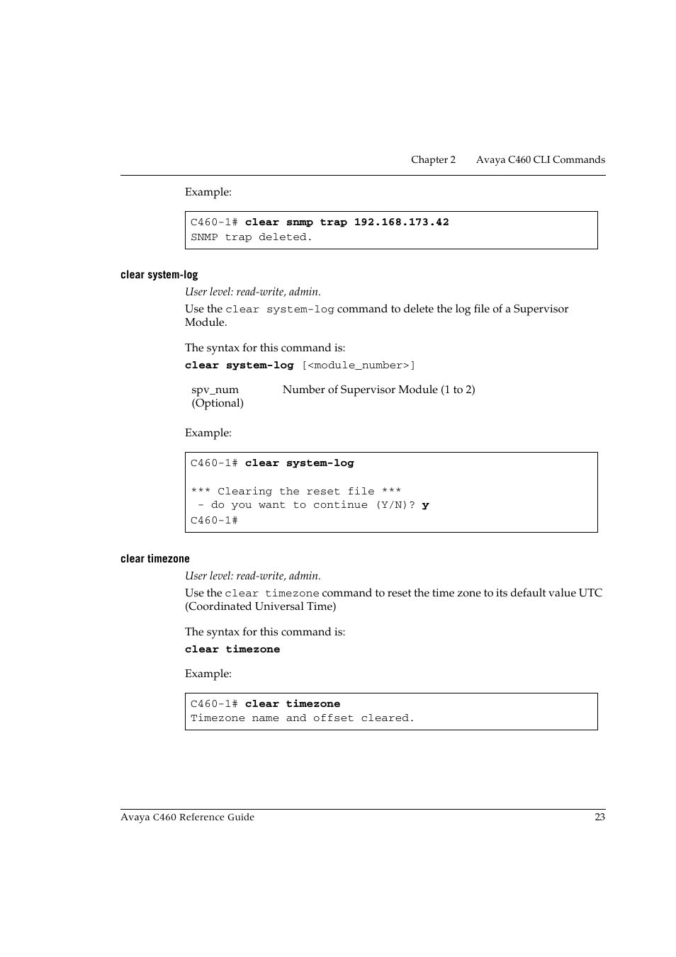 Clear system-log, Clear timezone, Clear system-log clear timezone | Avaya C460 User Manual | Page 35 / 268