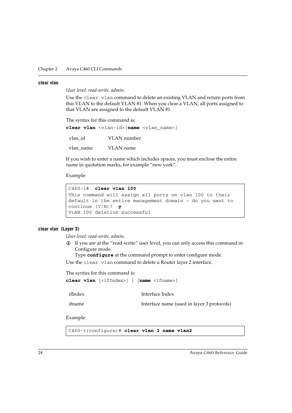 Clear vlan, Clear vlan (layer 3), Clear vlan clear vlan (layer 3) | Avaya C460 User Manual | Page 36 / 268