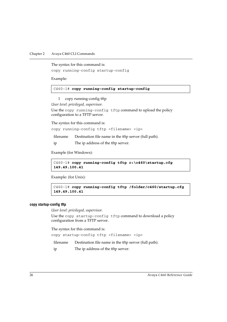 Copy startup-config tftp | Avaya C460 User Manual | Page 38 / 268