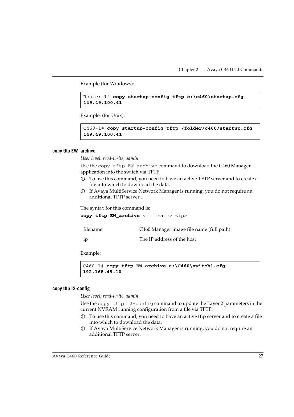 Copy tftp ew_archive, Copy tftp l2-config, Copy tftp ew_archive copy tftp l2-config | Avaya C460 User Manual | Page 39 / 268