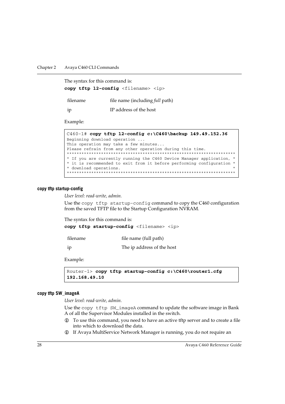 Copy tftp startup-config, Copy tftp sw_imagea, Copy tftp startup-config copy tftp sw_imagea | Avaya C460 User Manual | Page 40 / 268