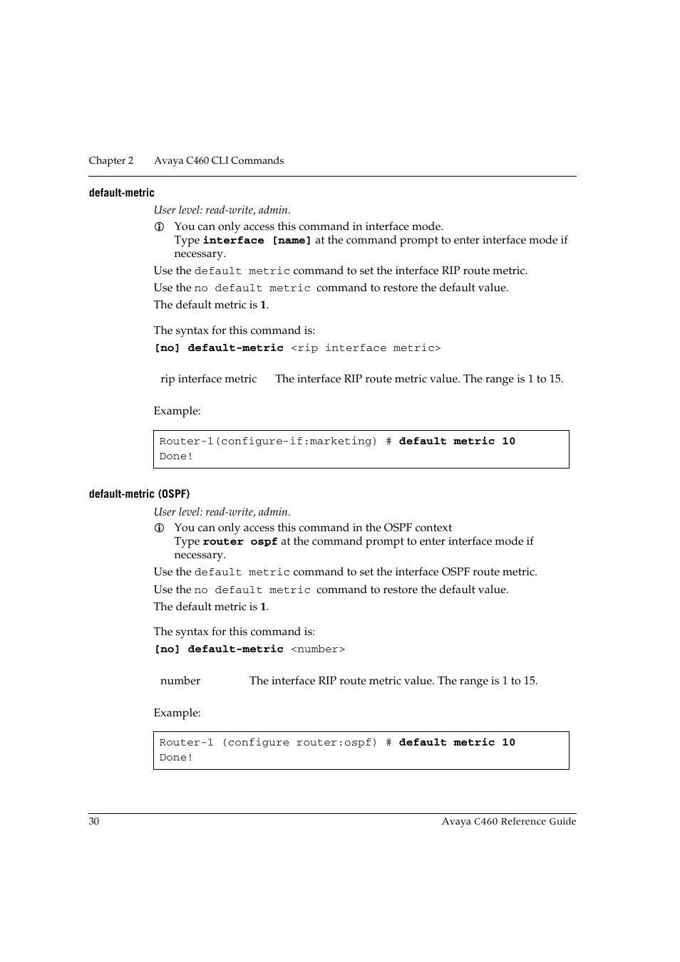 Default-metric, Default-metric (ospf), Default-metric default-metric (ospf) | Avaya C460 User Manual | Page 42 / 268