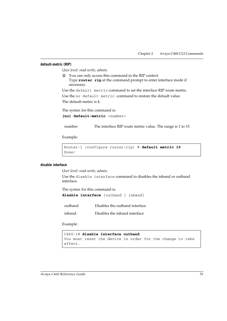 Default-metric (rip), Disable interface, Default-metric (rip) disable interface | Avaya C460 User Manual | Page 43 / 268