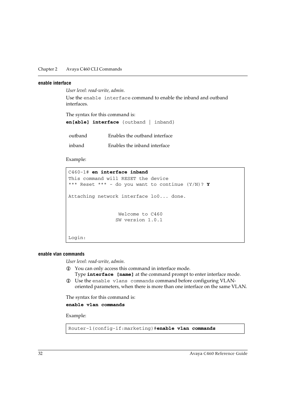 Enable interface, Enable vlan commands, Enable interface enable vlan commands | Avaya C460 User Manual | Page 44 / 268