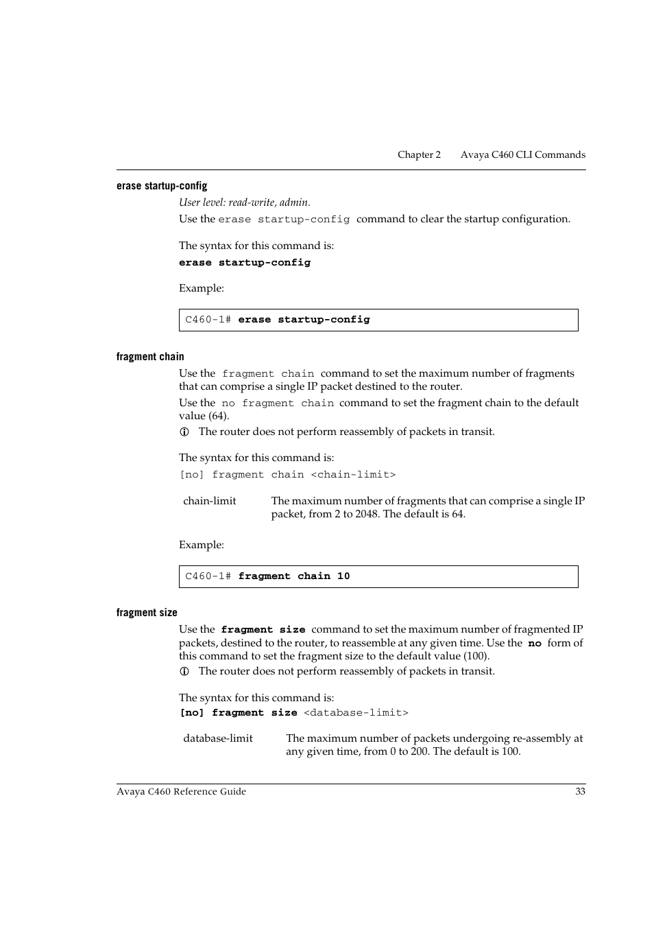 Erase startup-config, Fragment chain, Fragment size | Erase startup-config fragment chain fragment size | Avaya C460 User Manual | Page 45 / 268