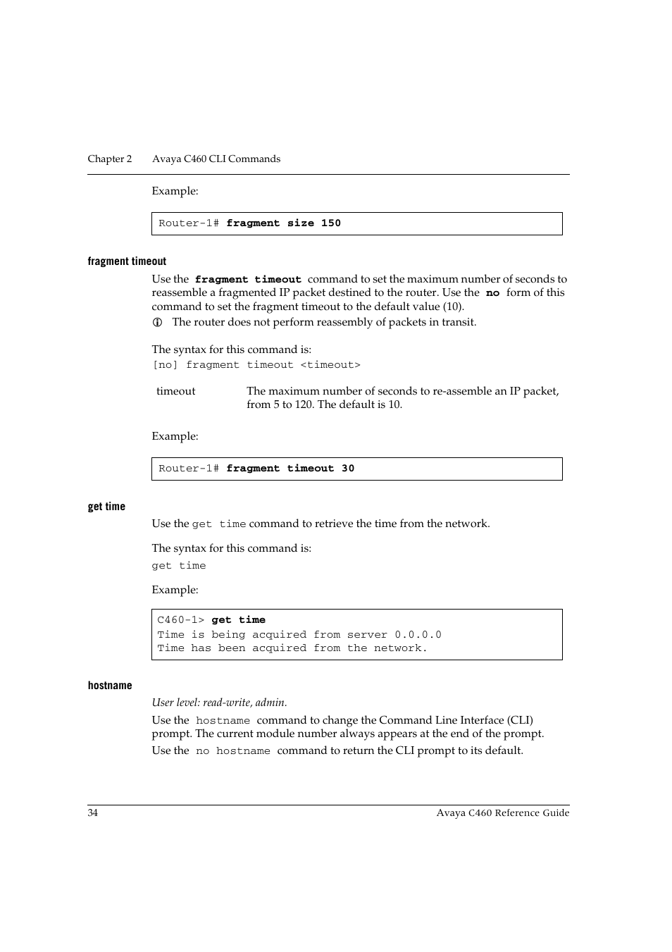 Fragment timeout, Get time, Hostname | Fragment timeout get time hostname | Avaya C460 User Manual | Page 46 / 268
