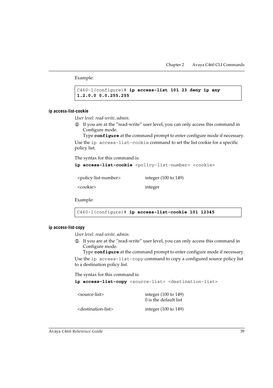 Ip access-list-cookie, Ip access-list-copy, Ip access-list-cookie ip access-list-copy | Avaya C460 User Manual | Page 51 / 268