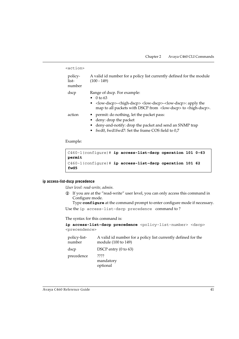 Ip access-list-dscp precedence | Avaya C460 User Manual | Page 53 / 268