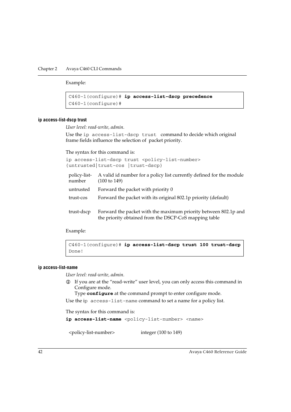 Ip access-list-dscp trust, Ip access-list-name, Ip access-list-dscp trust ip access-list-name | Avaya C460 User Manual | Page 54 / 268