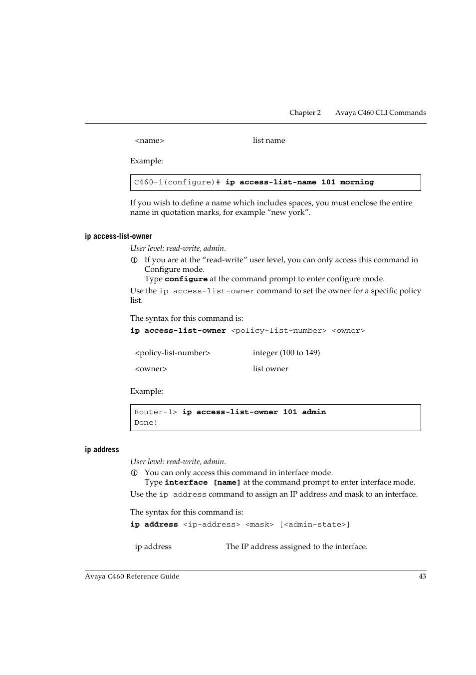 Ip access-list-owner, Ip address, Ip access-list-owner ip address | Avaya C460 User Manual | Page 55 / 268