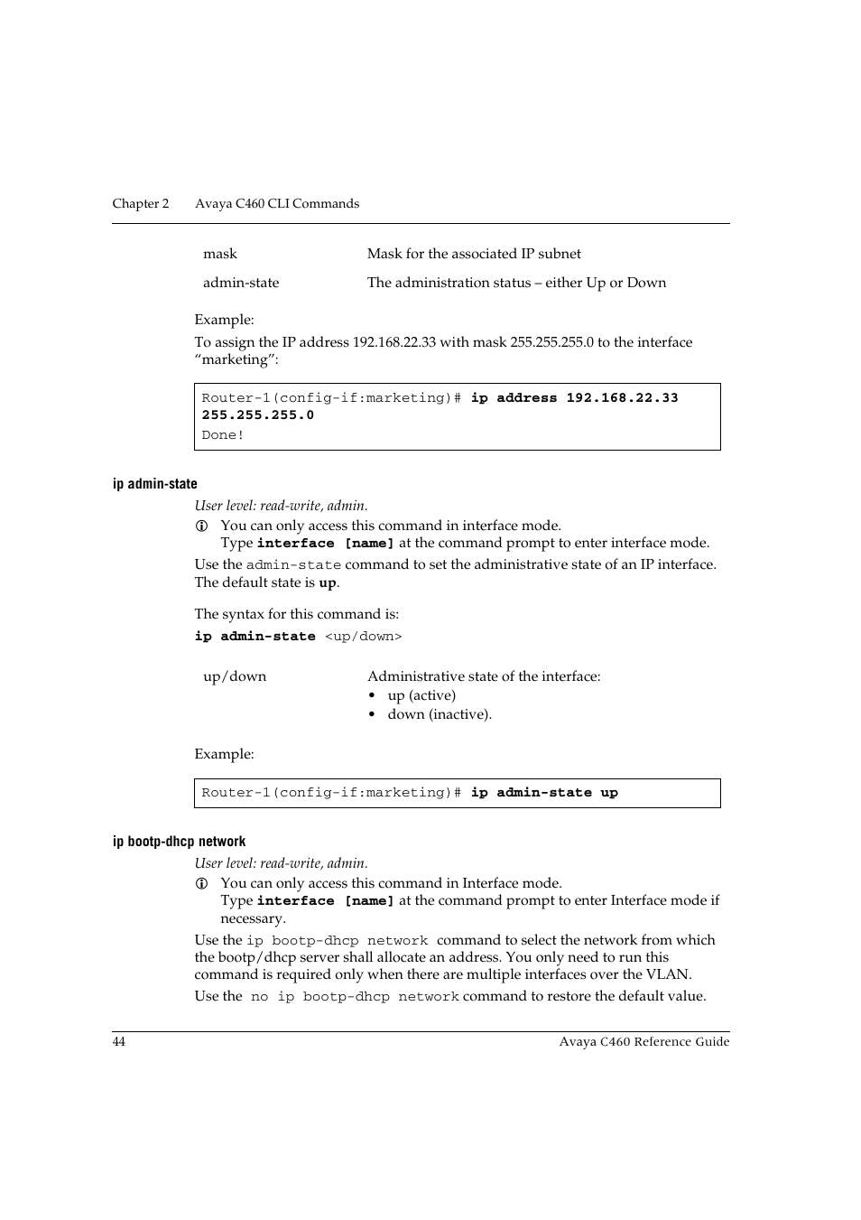 Ip admin-state, Ip bootp-dhcp network, Ip admin-state ip bootp-dhcp network | Avaya C460 User Manual | Page 56 / 268