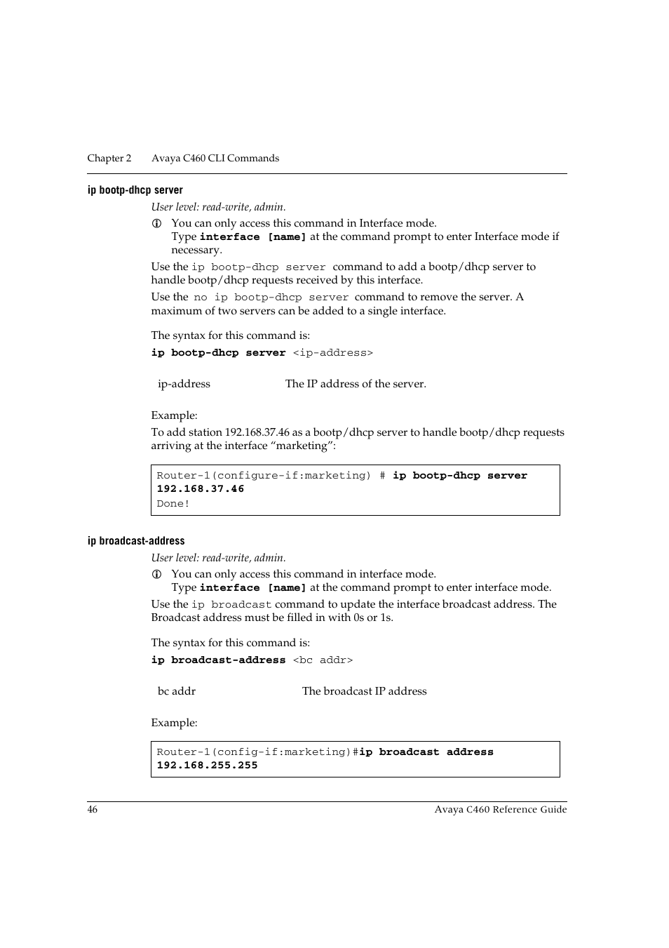 Ip bootp-dhcp server, Ip broadcast-address, Ip bootp-dhcp server ip broadcast-address | Avaya C460 User Manual | Page 58 / 268