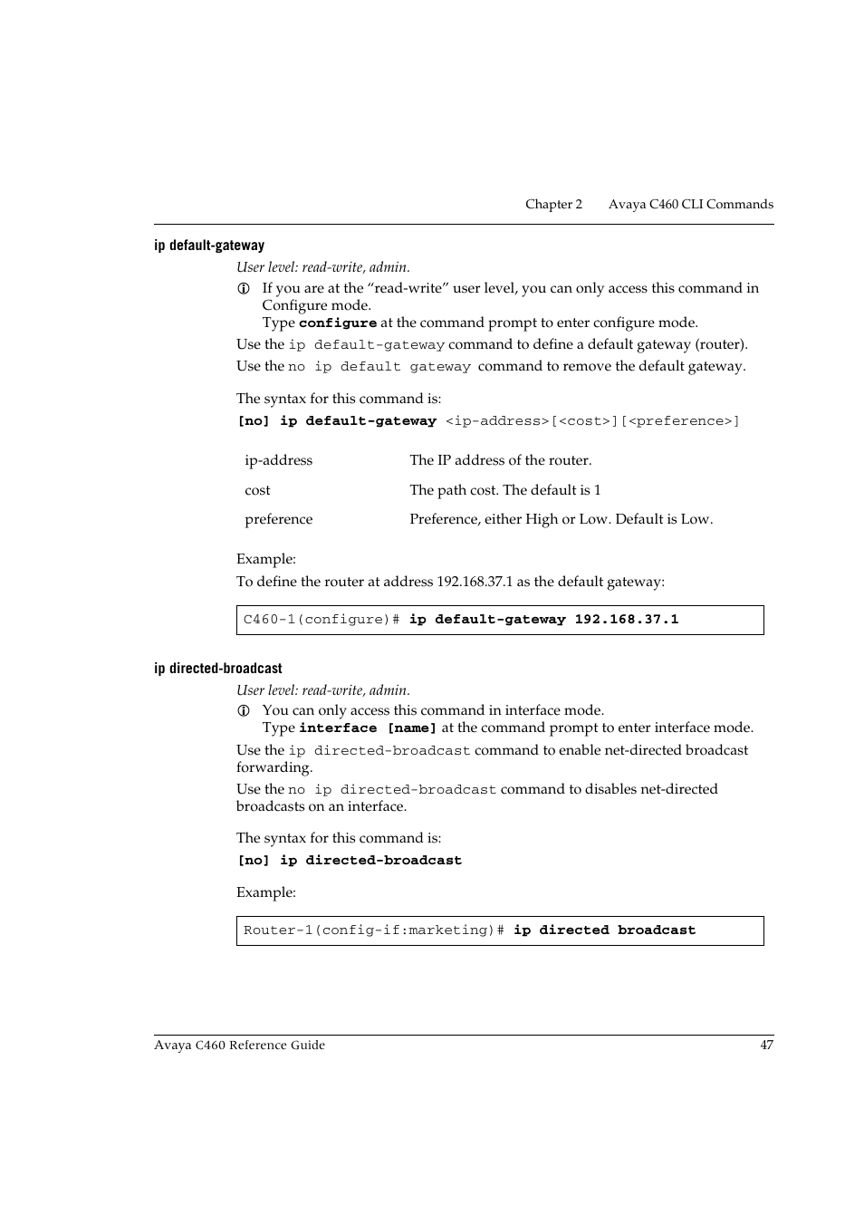 Ip default-gateway, Ip directed-broadcast, Ip default-gateway ip directed-broadcast | Avaya C460 User Manual | Page 59 / 268