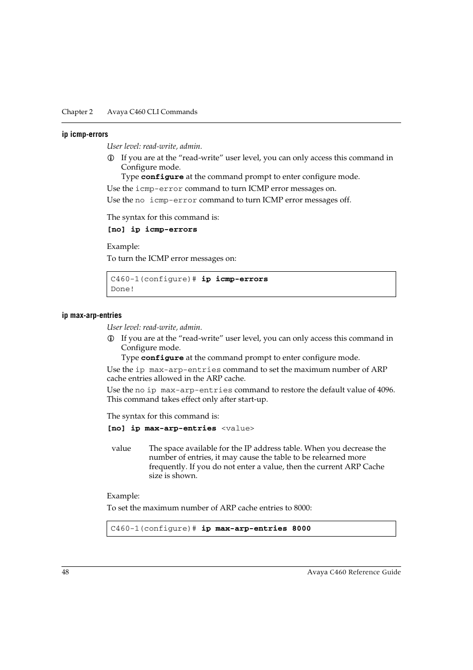 Ip icmp-errors, Ip max-arp-entries, Ip icmp-errors ip max-arp-entries | Avaya C460 User Manual | Page 60 / 268