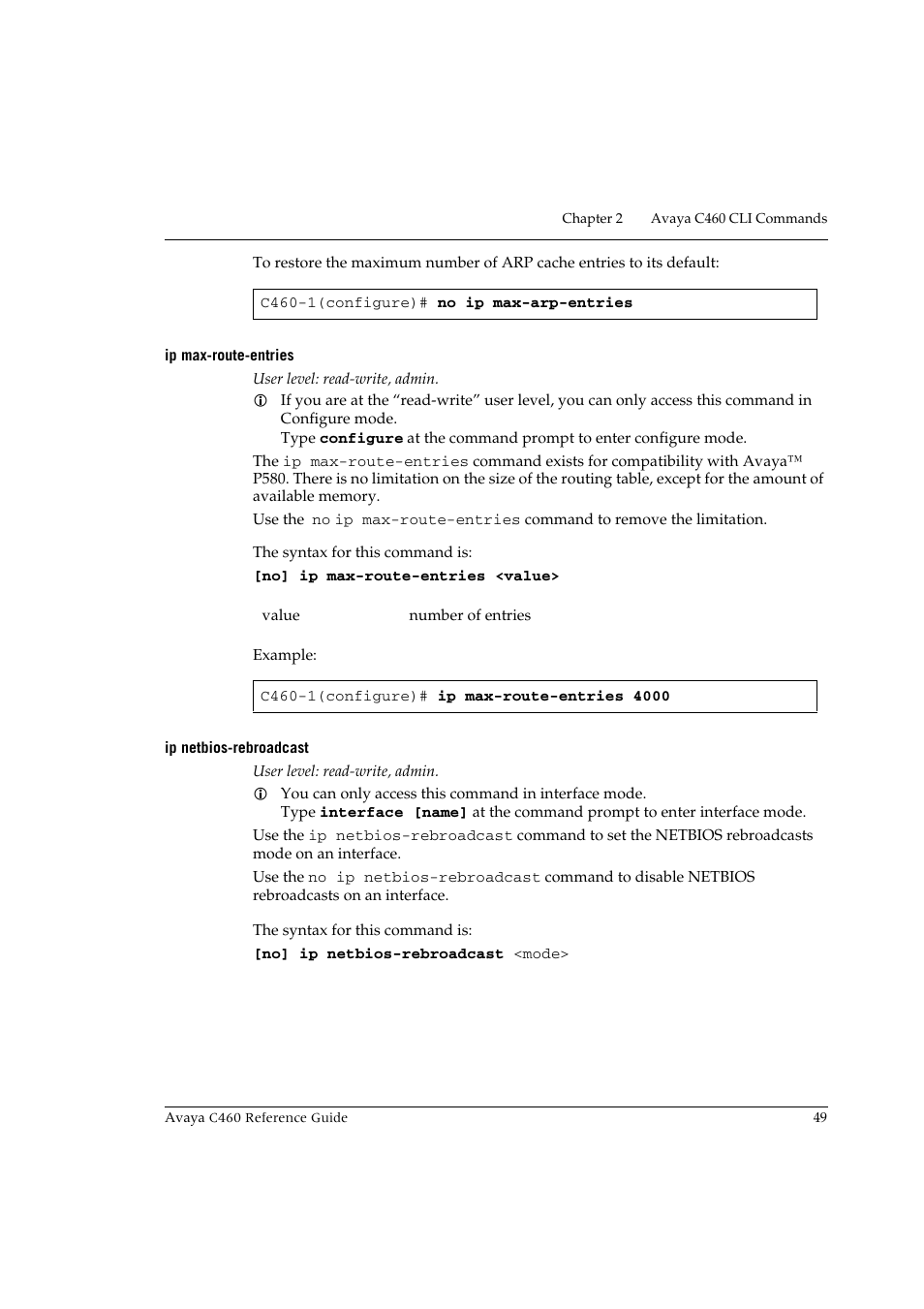 Ip max-route-entries, Ip netbios-rebroadcast, Ip max-route-entries ip netbios-rebroadcast | Avaya C460 User Manual | Page 61 / 268
