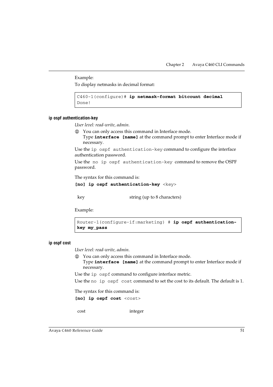 Ip ospf authentication-key, Ip ospf cost, Ip ospf authentication-key ip ospf cost | Avaya C460 User Manual | Page 63 / 268