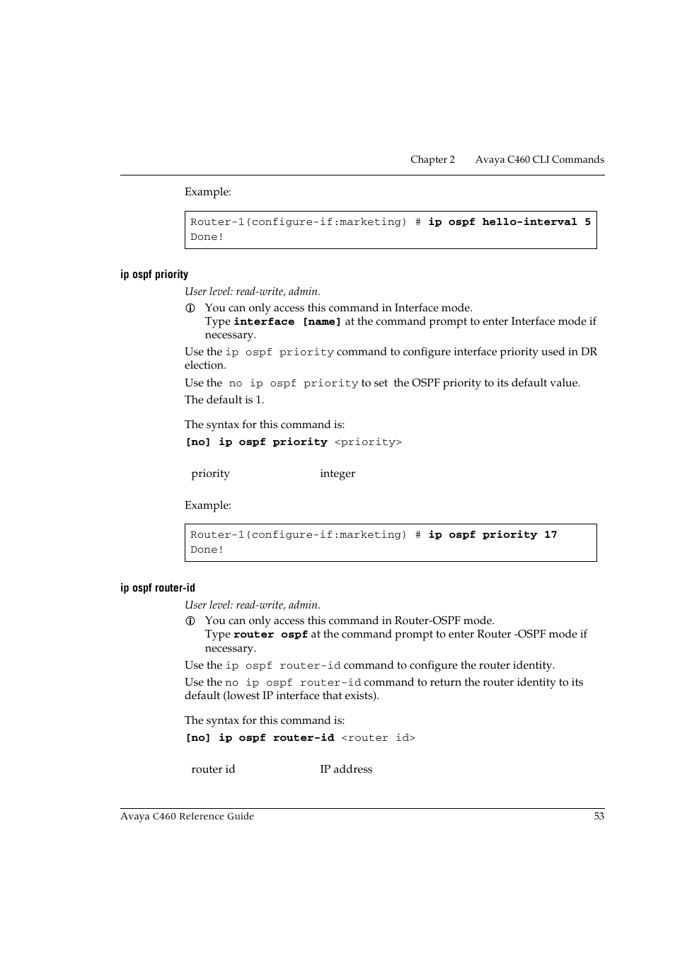 Ip ospf priority, Ip ospf router-id, Ip ospf priority ip ospf router-id | Avaya C460 User Manual | Page 65 / 268